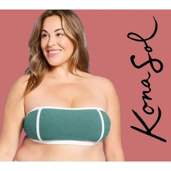 Kona Sol Plus Size Terry Textured Bandeau Bikini Top 1X Green White NWT - Picture 9 of 9
